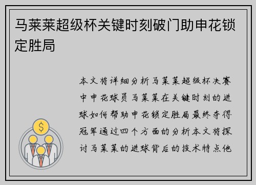 马莱莱超级杯关键时刻破门助申花锁定胜局
